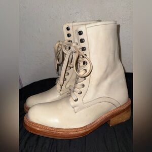 Free People Santa Fe Lace Up Ankle Boots Rustic Vintage Style Cream Leather Boho